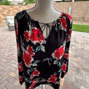 Floral Red and Black Tie Front Blouse